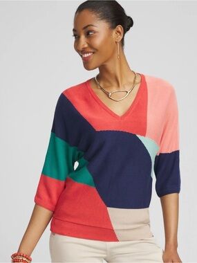 Colorblock V-Neck Sweater - Coral, Navy & Teal